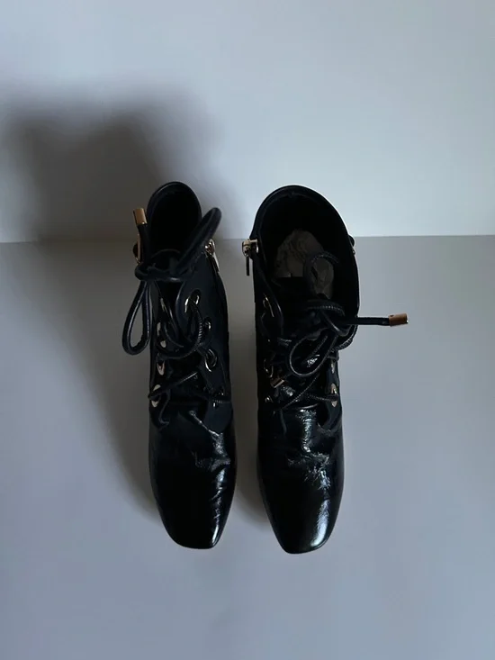 Dior Black Lace-Up Ankle Boots with Gold Ribbed Block Heel - Picture 6 of 6